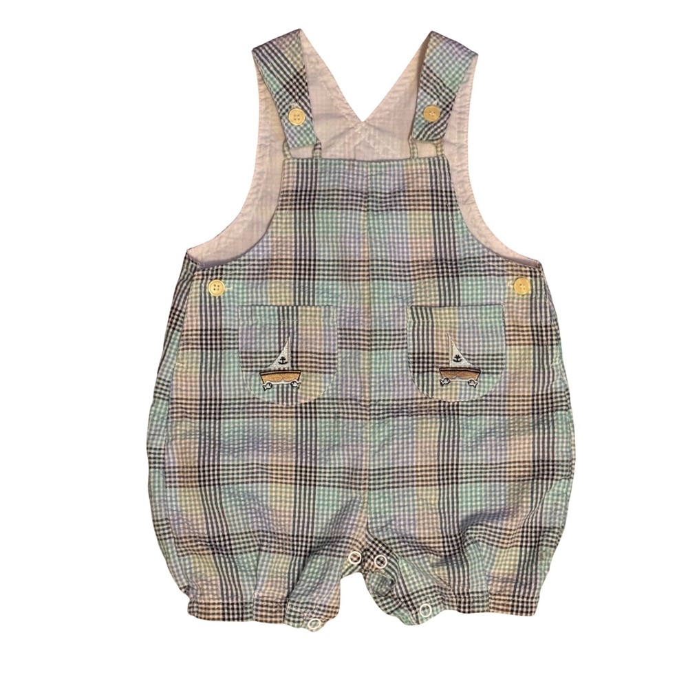 Baby Youre It Vintage Plaid Sailboat Romper Shortall Pastel Blue‎ Green 12M